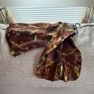 BEAUTIFUL Brown and Green Peacock Satin Scarf 100% Polyester 60ins by 12 ins